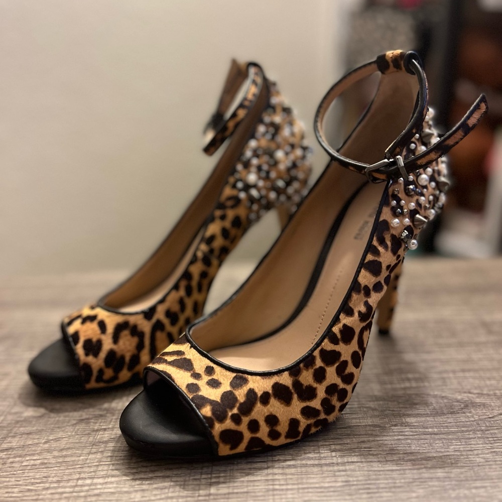 Gianni Bini Leopard Print Ankle-Strap Peep-Toe Heels with Pearl Stud Accent